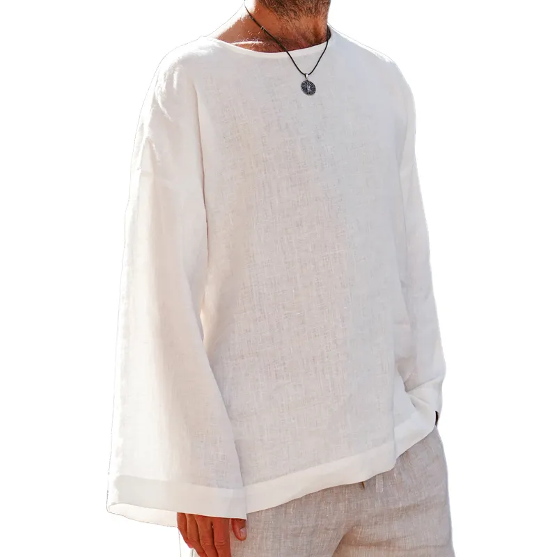 Men's Solid Cotton And Linen Round Neck Long Sleeve Shirt MTA2314D7Z sold by Manly