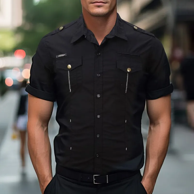 Men's Solid Lapel Chest Pocket Short Sleeve Cargo Shirt MTA2387D6Z sold by Manly product image thumbnail 2