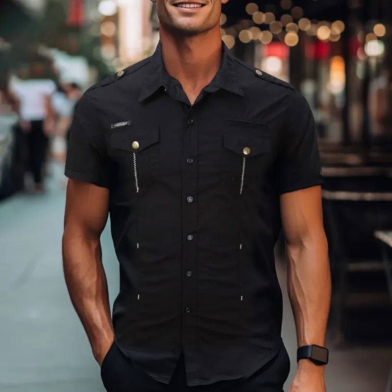 Men's Solid Lapel Chest Pocket Short Sleeve Cargo Shirt MTA2387D6Z sold by Manly product image thumbnail 3