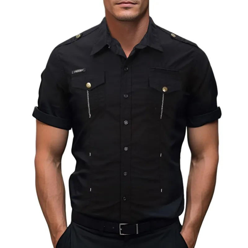 Men's Solid Lapel Chest Pocket Short Sleeve Cargo Shirt MTA2387D6Z sold by Manly