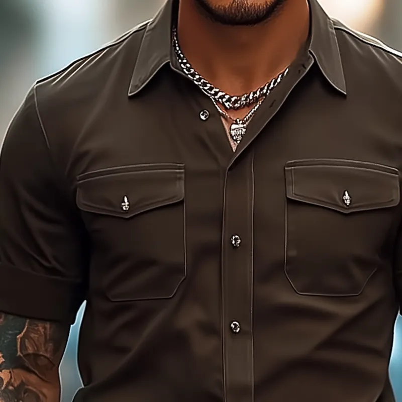 Men's Solid Lapel Chest Pocket Short Sleeve Cargo Shirt MTA2321D4Z sold by Manly product image thumbnail 3