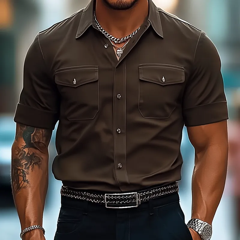 Men's Solid Lapel Chest Pocket Short Sleeve Cargo Shirt MTA2321D4Z sold by Manly product image thumbnail 2