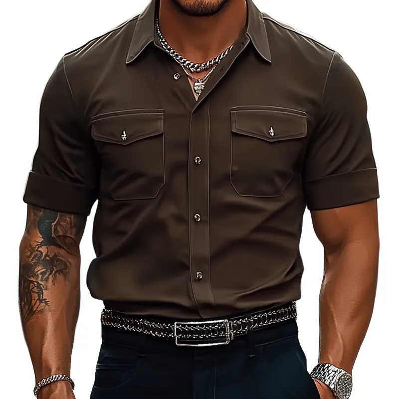 Men's Solid Lapel Chest Pocket Short Sleeve Cargo Shirt MTA2321D4Z sold by Manly