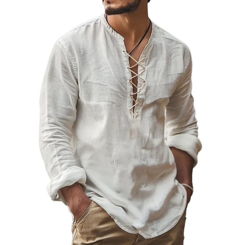 Men's Solid Cotton And Linen Round Neck Long Sleeve Shirt MTA2336D1Z sold by Manly