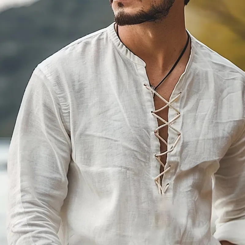 Men's Solid Cotton And Linen Round Neck Long Sleeve Shirt MTA2336D1Z sold by Manly product image thumbnail 3