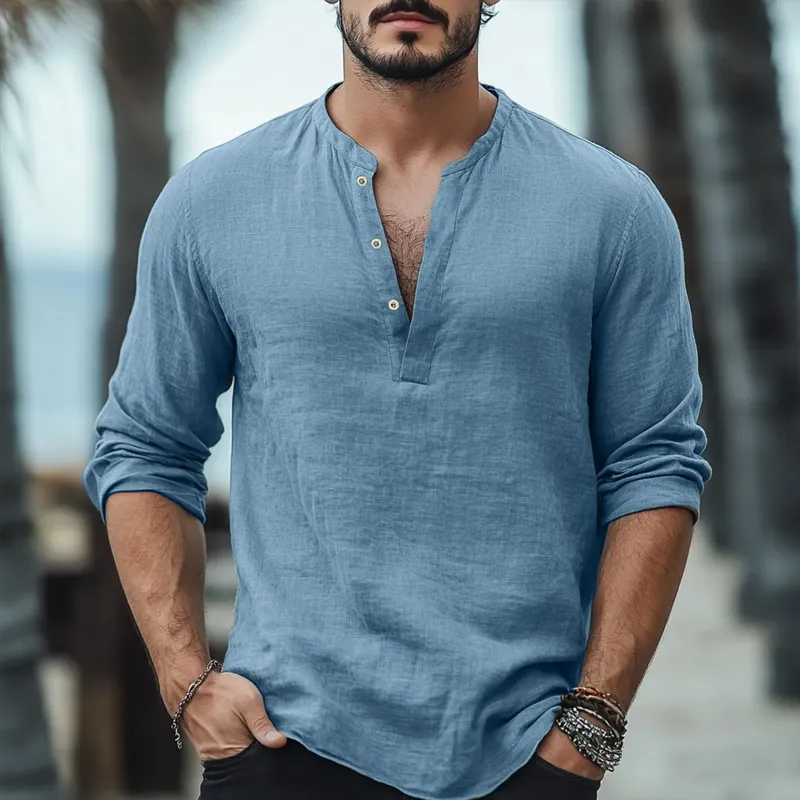 Men's Solid Cotton And Linen Henley Collar Long Sleeve Shirt MTA2346D7Z sold by Manly product image thumbnail 3