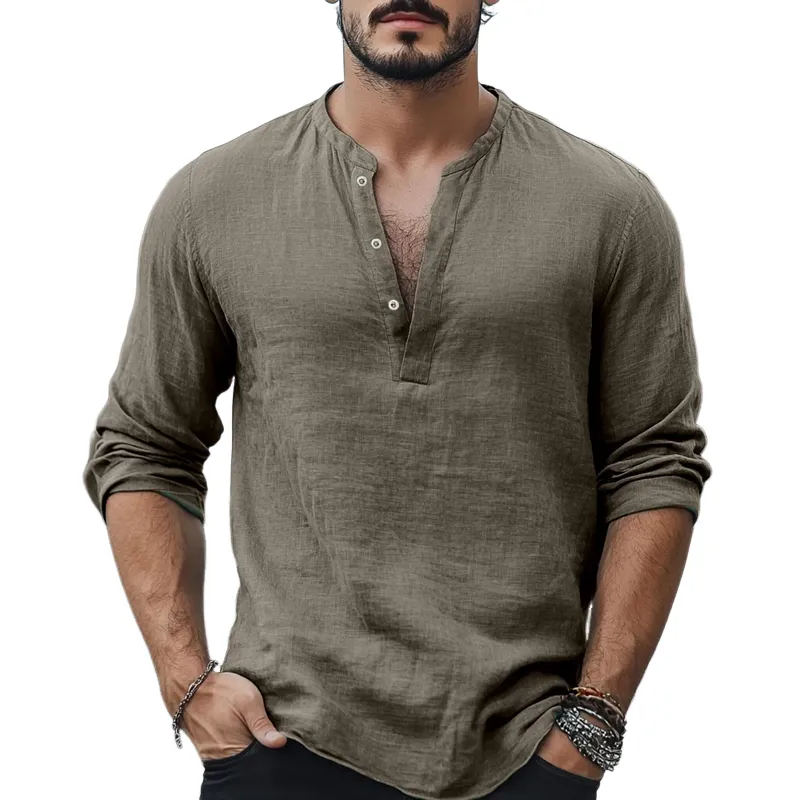 Men's Solid Cotton And Linen Henley Collar Long Sleeve Shirt MTA2346D7Z sold by Manly