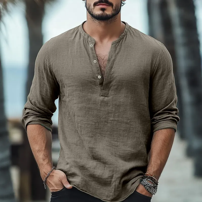 Men's Solid Cotton And Linen Henley Collar Long Sleeve Shirt MTA2346D7Z sold by Manly product image thumbnail 2