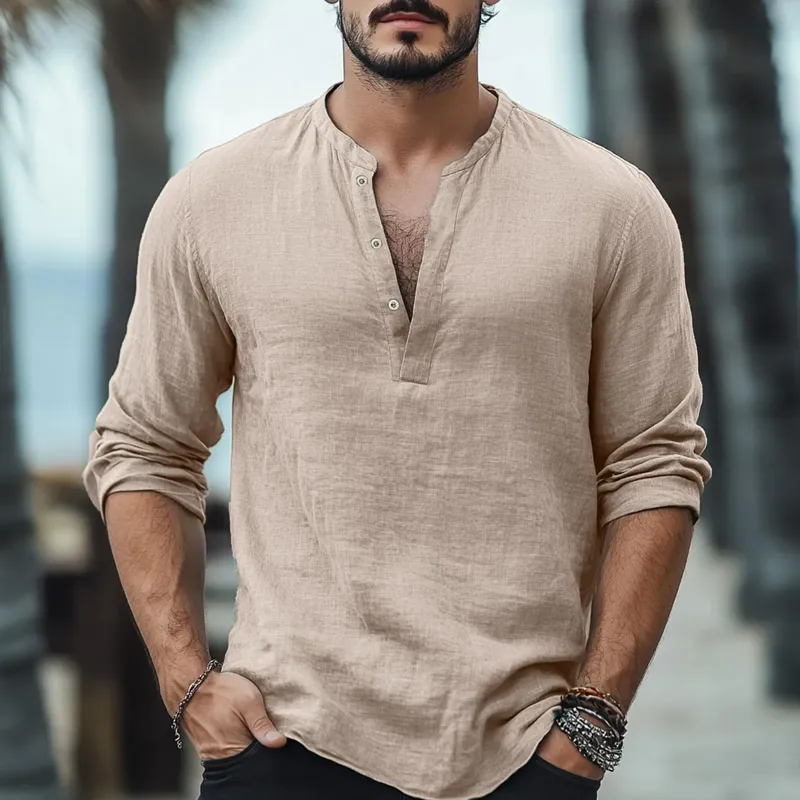 Men's Solid Cotton And Linen Henley Collar Long Sleeve Shirt MTA2346D7Z sold by Manly product image thumbnail 4