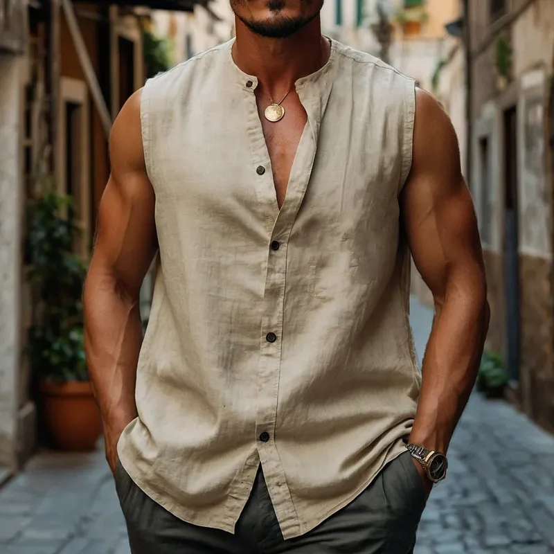 Men's Solid Cotton And Linen Round Neck Single Breasted Sleeveless Tank Top MTA2305D0Z sold by Manly product image thumbnail 4