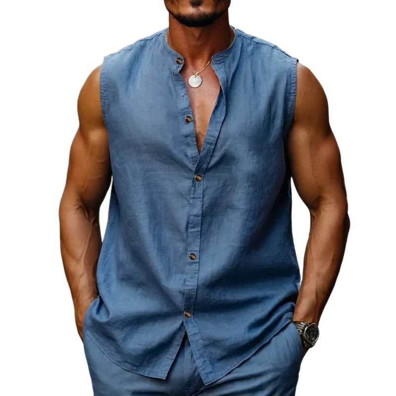 Men's Solid Cotton And Linen Round Neck Single Breasted Sleeveless Tank Top MTA2305D0Z sold by Manly
