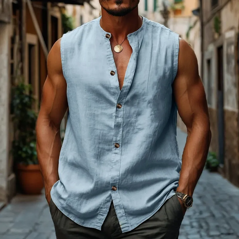 Men's Solid Cotton And Linen Round Neck Single Breasted Sleeveless Tank Top MTA2305D0Z sold by Manly product image thumbnail 3