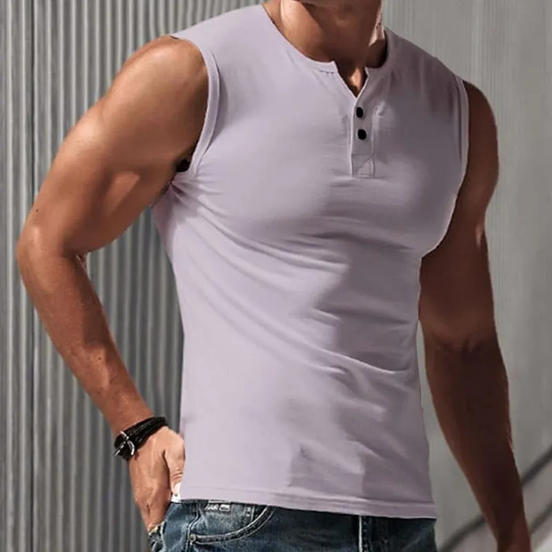 Men's Summer Cotton and Linen Blend Henley Collar Tank Top MTA2306D0P sold by Manly product image thumbnail 2
