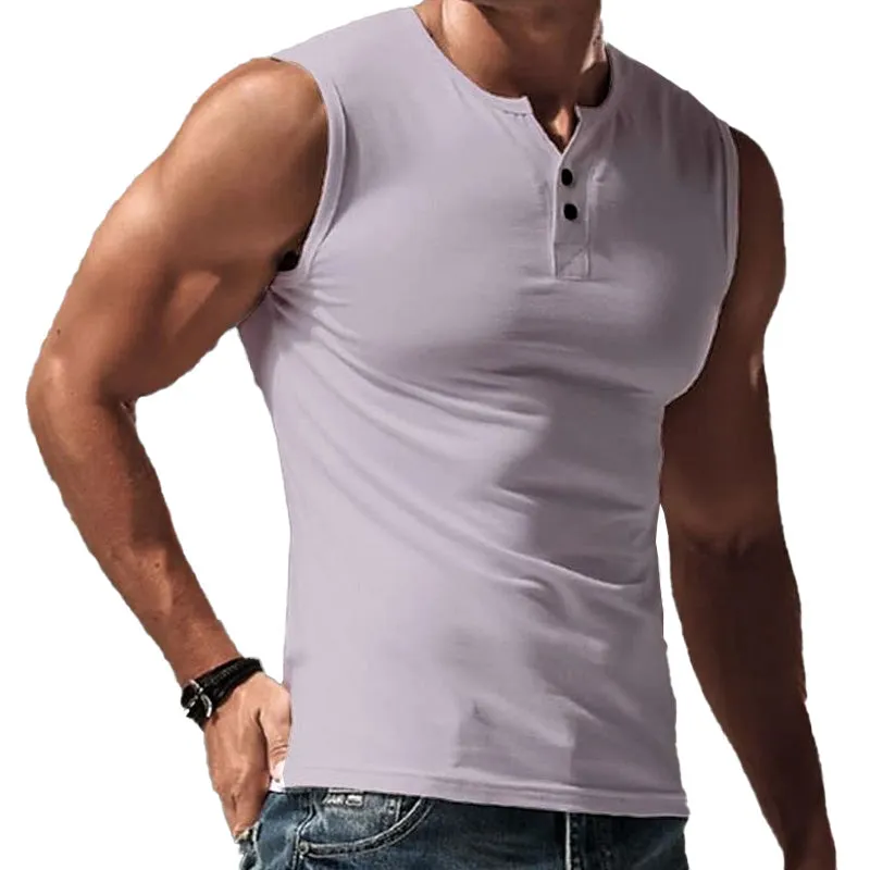 Men's Summer Cotton and Linen Blend Henley Collar Tank Top MTA2306D0P sold by Manly