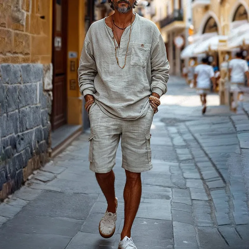 Men's Cotton And Linen Vacation Casual Shorts Long-Sleeved Two-Piece Set MTA2109D3X sold by Manly product image thumbnail 2