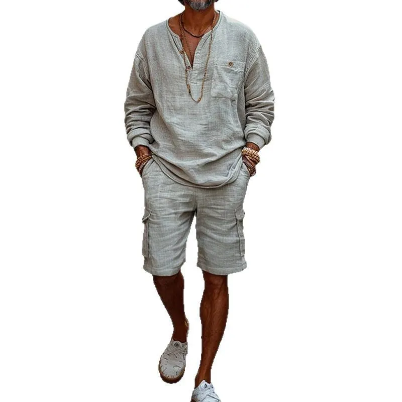 Men's Cotton And Linen Vacation Casual Shorts Long-Sleeved Two-Piece Set MTA2109D3X sold by Manly