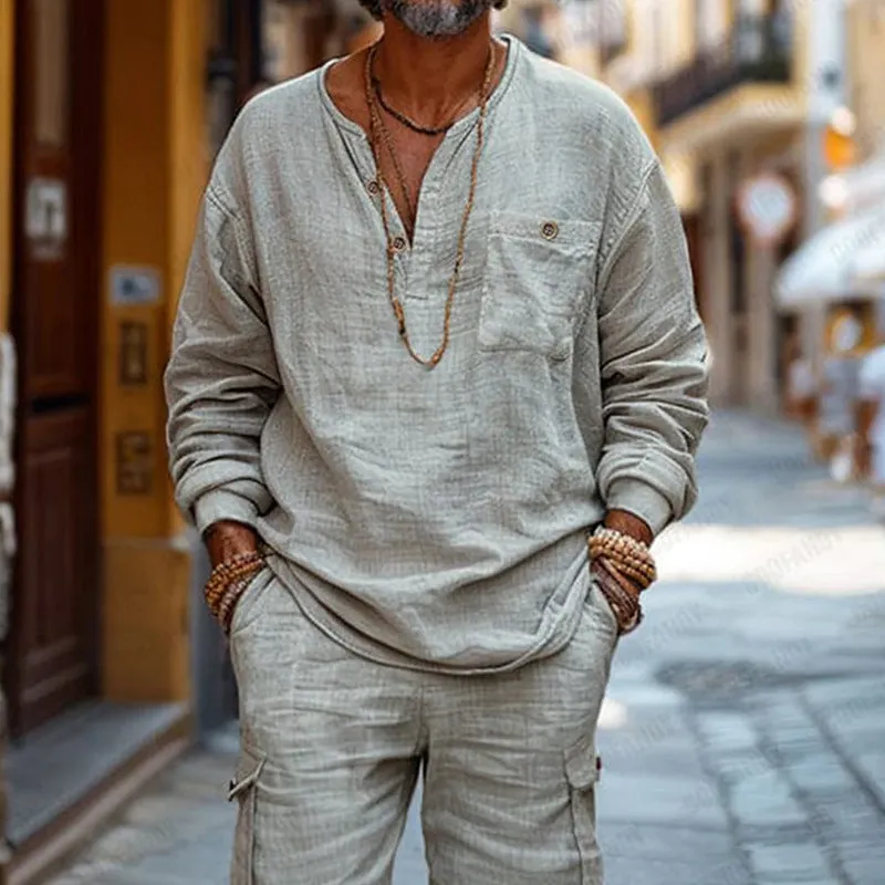 Men's Cotton And Linen Vacation Casual Shorts Long-Sleeved Two-Piece Set MTA2109D3X sold by Manly product image thumbnail 3