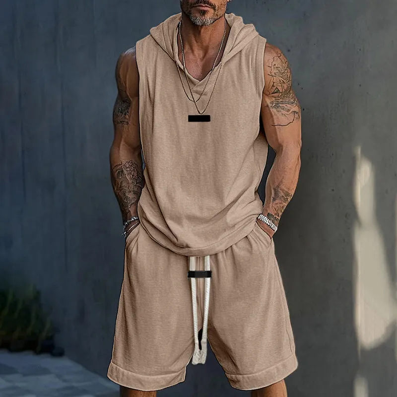 Men's Solid Color Casual Sleeveless Shorts Sports Hooded Two Piece Set MTA2172D2X sold by Manly product image thumbnail 2