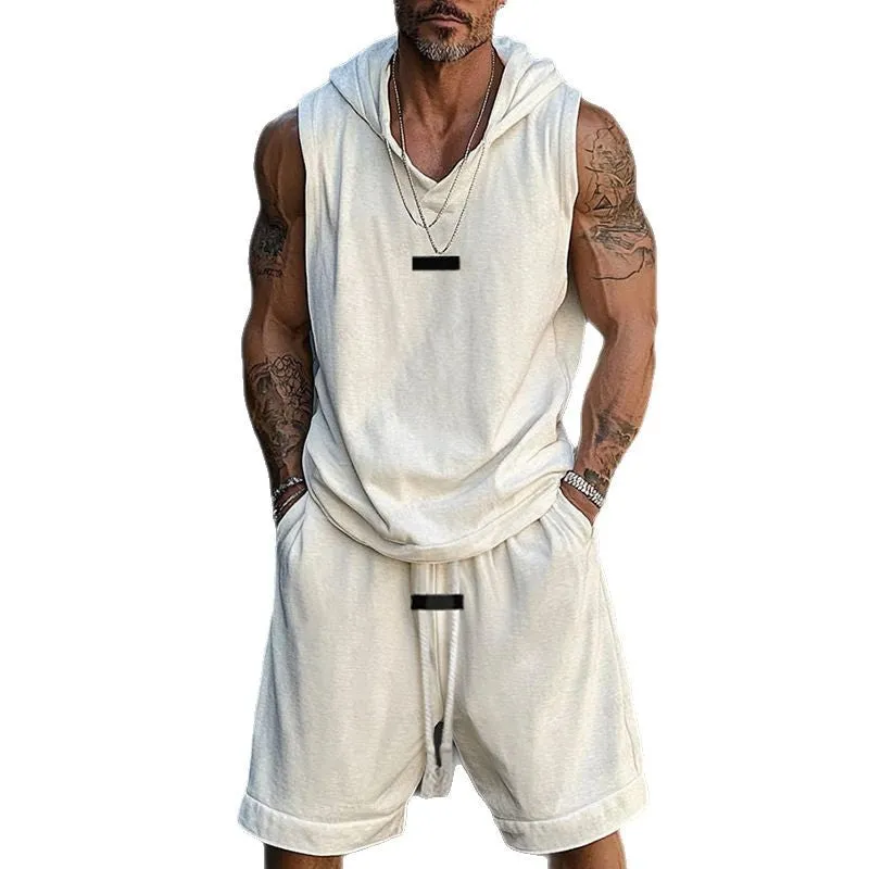 Men's Solid Color Casual Sleeveless Shorts Sports Hooded Two Piece Set MTA2172D2X sold by Manly