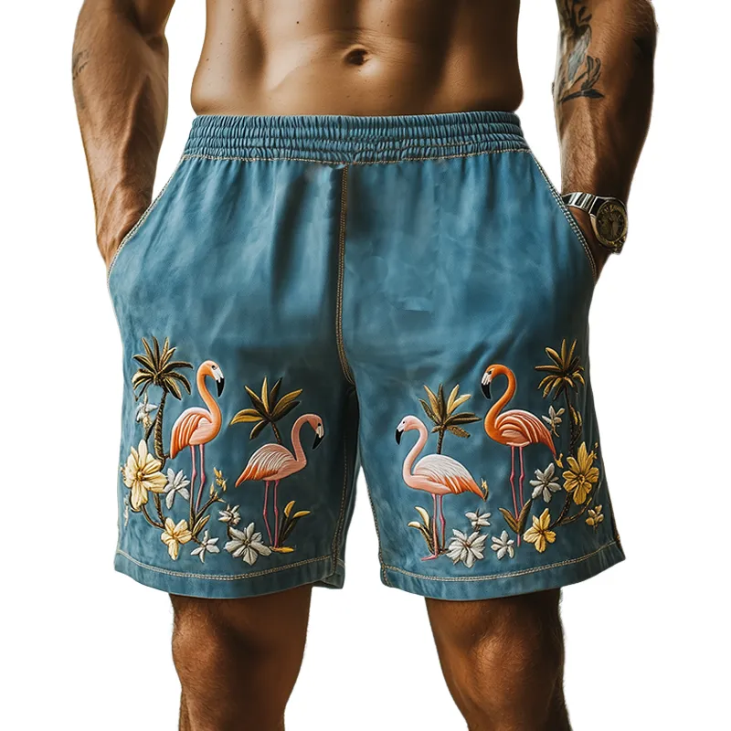 Men's Summer Fashion Casual Hawaiian Style Thin Suede Embroidered Elastic Waist Shorts MTA2350D3K sold by Manly