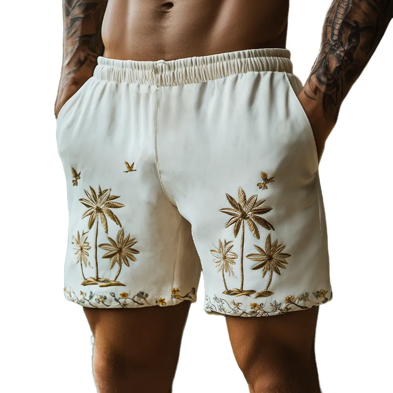 Men's Summer Fashion Casual Hawaiian Style Thin Suede Embroidered Elastic Waist Beach Shorts MTA2317D8K sold by Manly