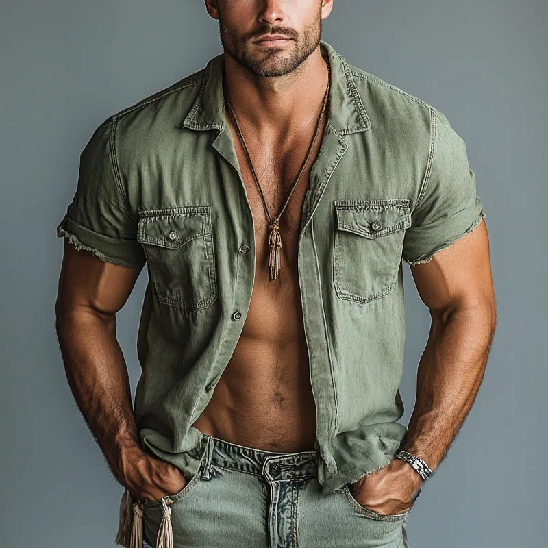 Men's Summer Distressed Denim Button Short Sleeve Shirt MTA2220D9U sold by Manly product image thumbnail 2