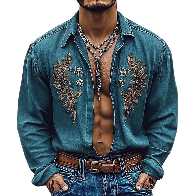 Men's Vintage Denim Embroidered Button Shirt MTA2210D2U sold by Manly