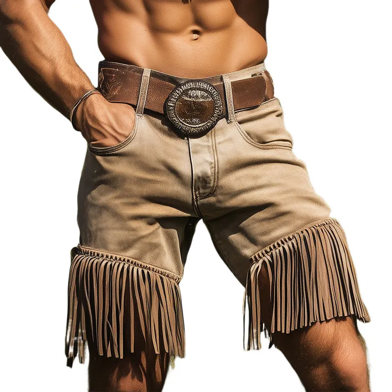 Men's Summer Western Cowboy Style Denim Tassel Shorts MTA2304D7U sold by Manly