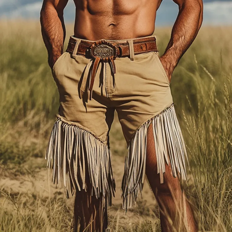 Men's Khaki Western Denim Style Fringe Shorts MTA2191D4U sold by Manly product image thumbnail 2