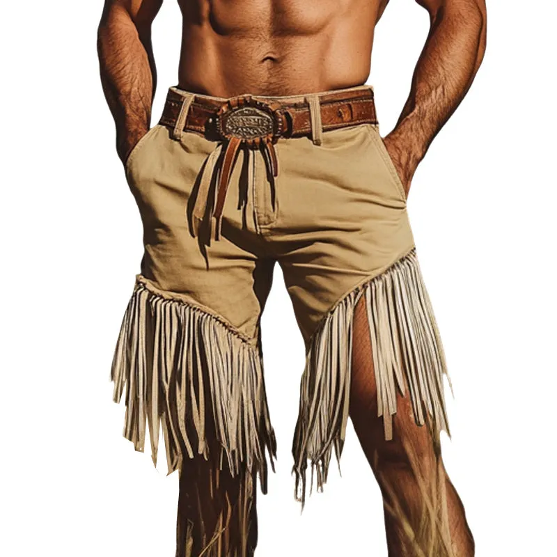 Men's Khaki Western Denim Style Fringe Shorts MTA2191D4U sold by Manly