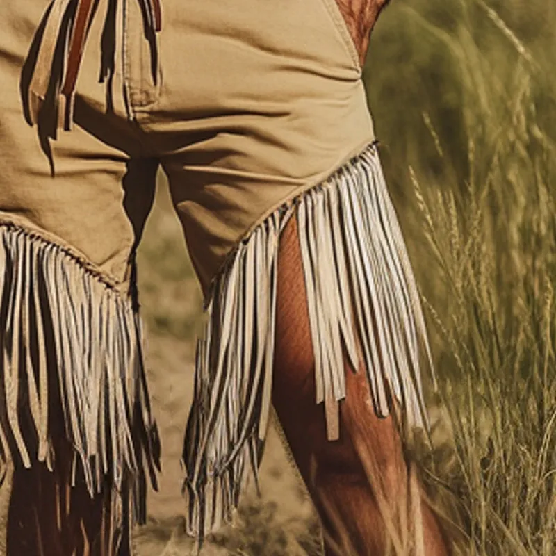 Men's Khaki Western Denim Style Fringe Shorts MTA2191D4U sold by Manly product image thumbnail 4