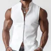 Men's Casual Premium Cotton Stand Collar Slim Fit Zipper Placket Sleeveless Shirt MTA2236D5M sold by Manly