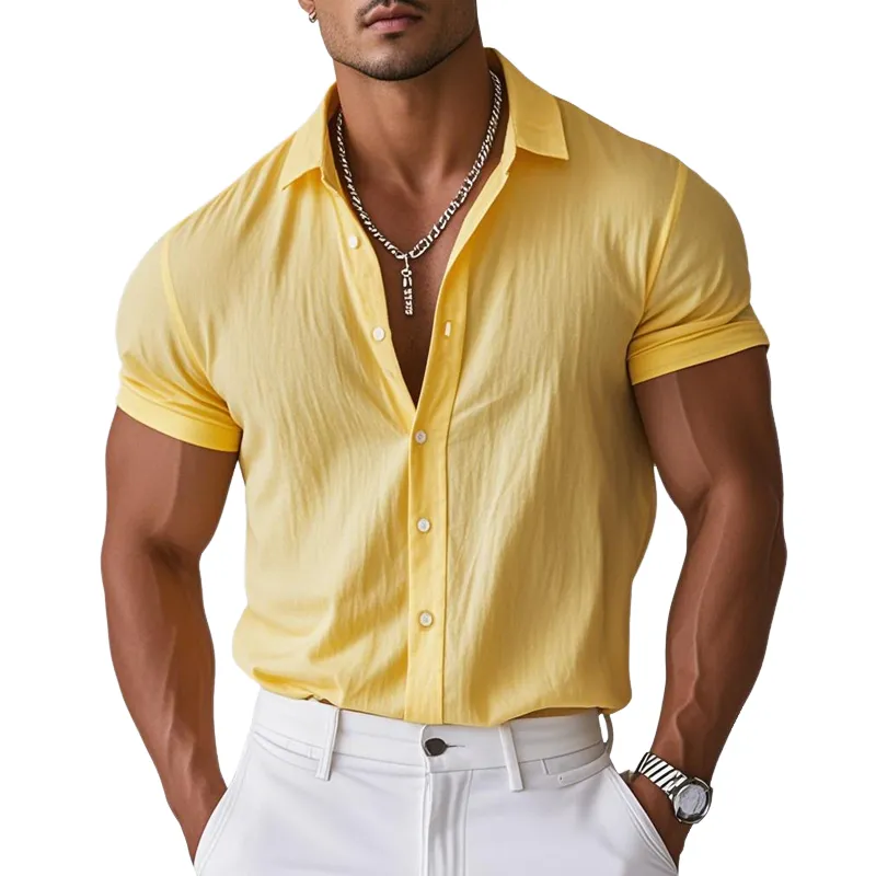 Men's Casual Cotton Linen Lapel Single Breasted Loose Short Sleeve Shirt MTA2240D5M sold by Manly