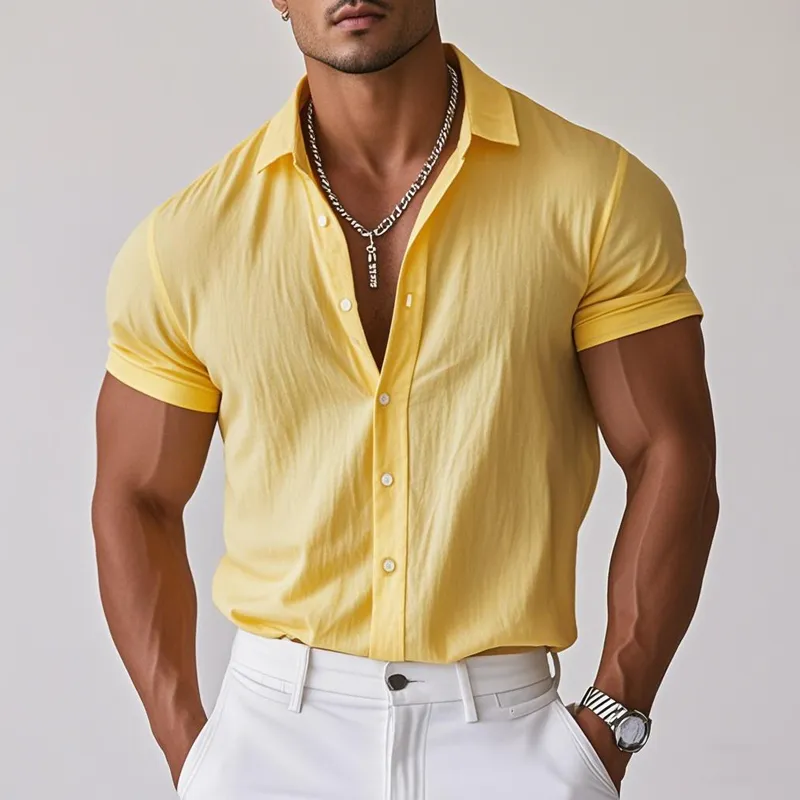 Men's Casual Cotton Linen Lapel Single Breasted Loose Short Sleeve Shirt MTA2240D5M sold by Manly product image thumbnail 2