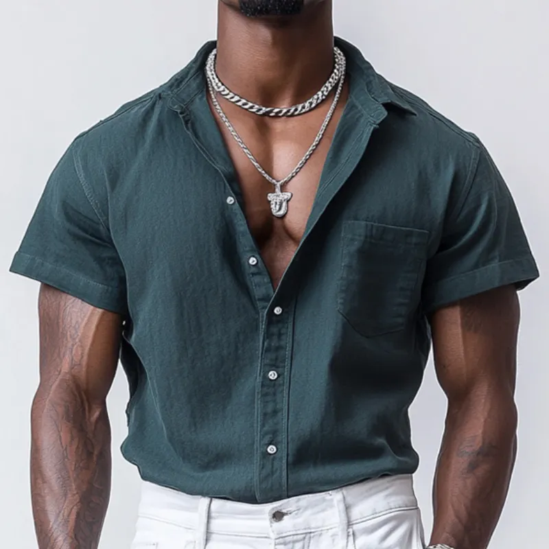 Men's Casual Cotton Linen Lapel Single Breasted Loose Short Sleeve Shirt MTA2264D1M sold by Manly product image thumbnail 3