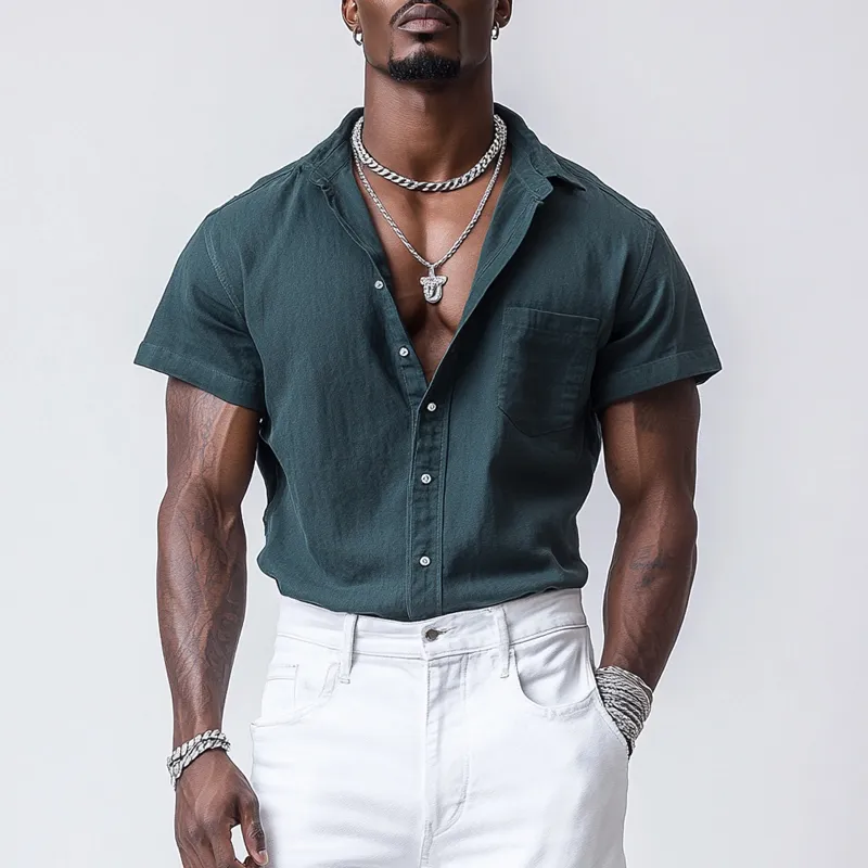 Men's Casual Cotton Linen Lapel Single Breasted Loose Short Sleeve Shirt MTA2264D1M sold by Manly product image thumbnail 2