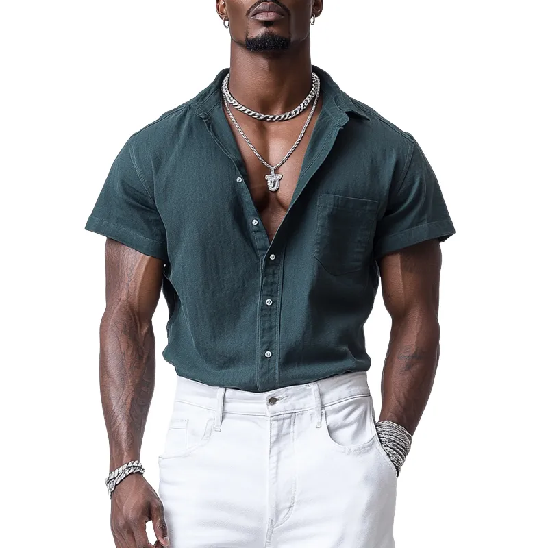 Men's Casual Cotton Linen Lapel Single Breasted Loose Short Sleeve Shirt MTA2264D1M sold by Manly