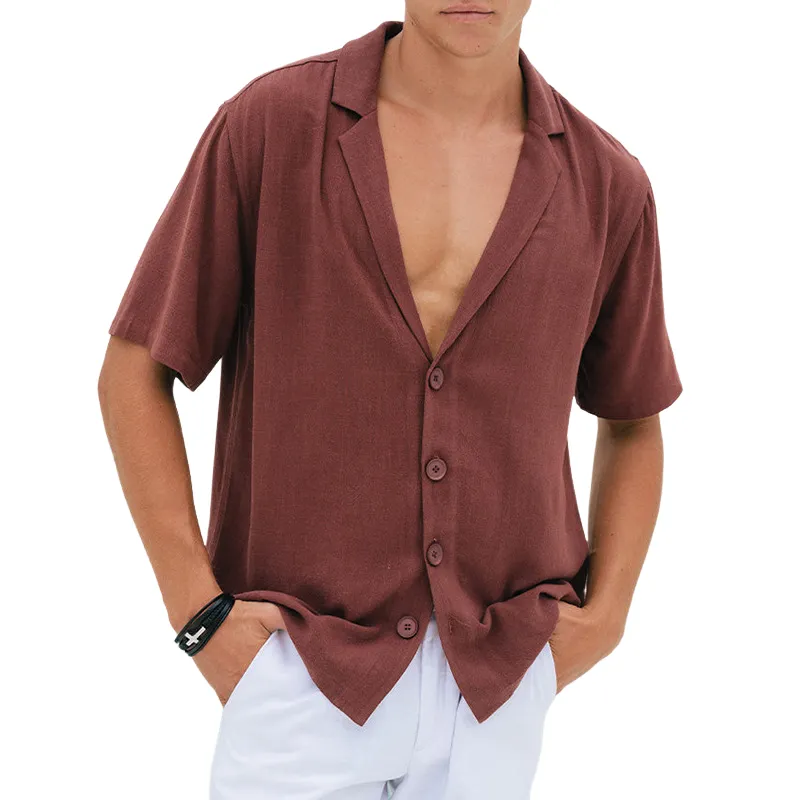 Men's Casual Breathable Cotton Linen Notched Lapel Loose Short Sleeve Shirt MTA2232D5M sold by Manly