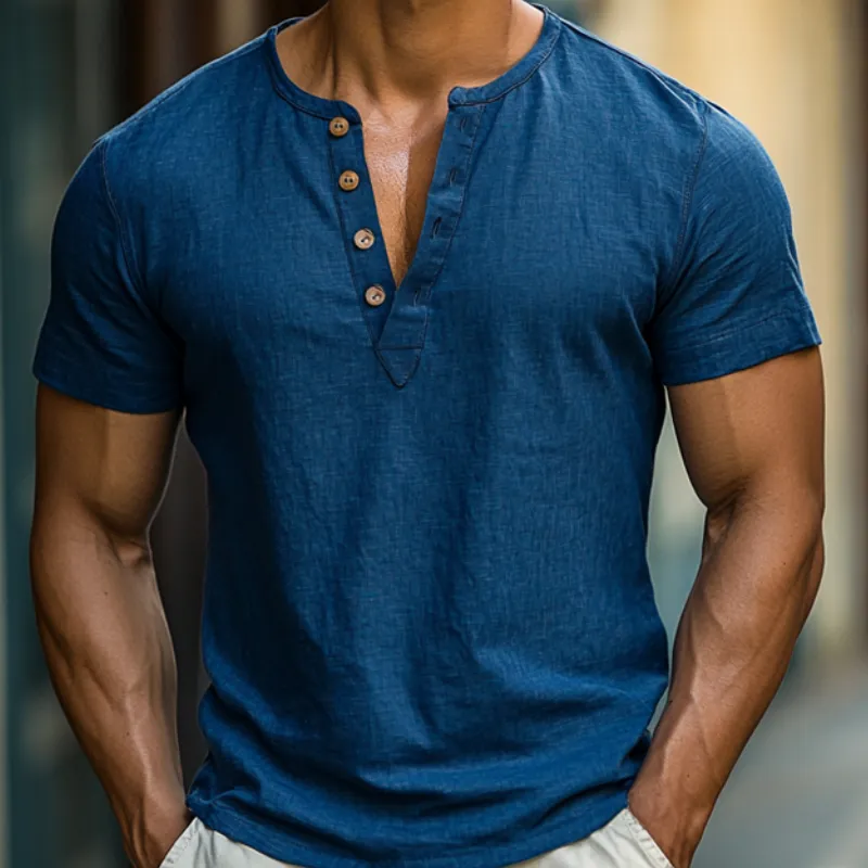 Men's Casual Breathable Cotton Linen Henley Collar Slim Fit Short Sleeve Shirt MTA2266D6M sold by Manly product image thumbnail 3