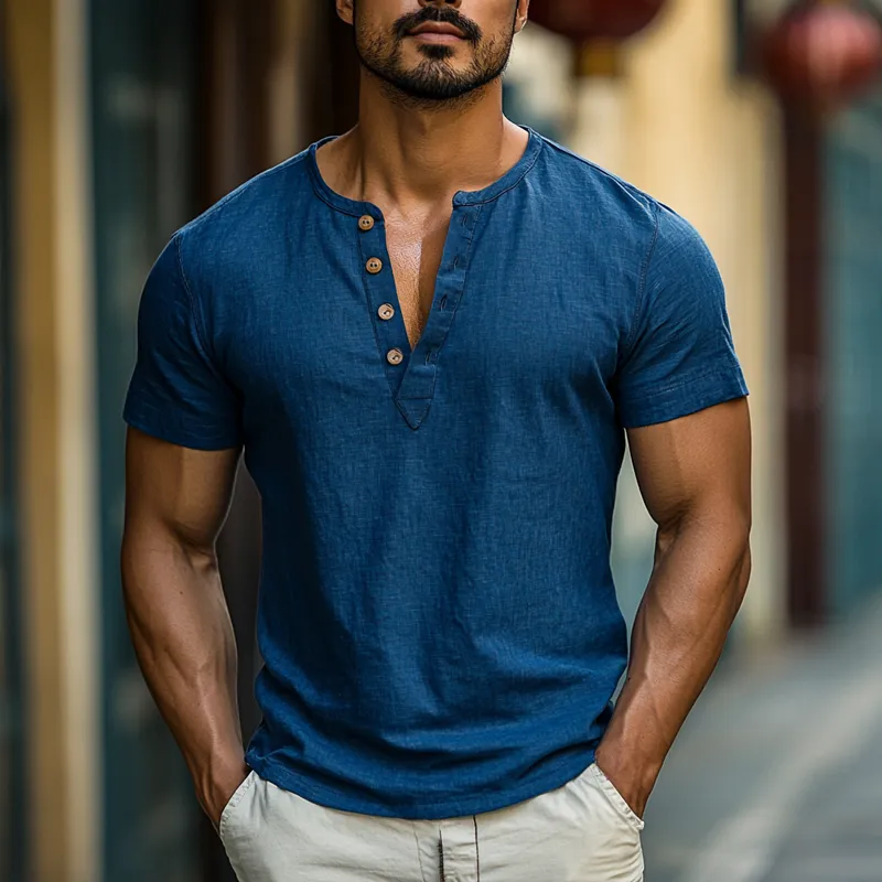 Men's Casual Breathable Cotton Linen Henley Collar Slim Fit Short Sleeve Shirt MTA2266D6M sold by Manly product image thumbnail 2