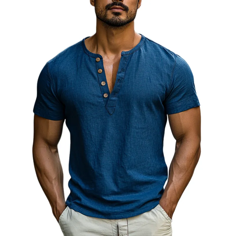 Men's Casual Breathable Cotton Linen Henley Collar Slim Fit Short Sleeve Shirt MTA2266D6M sold by Manly