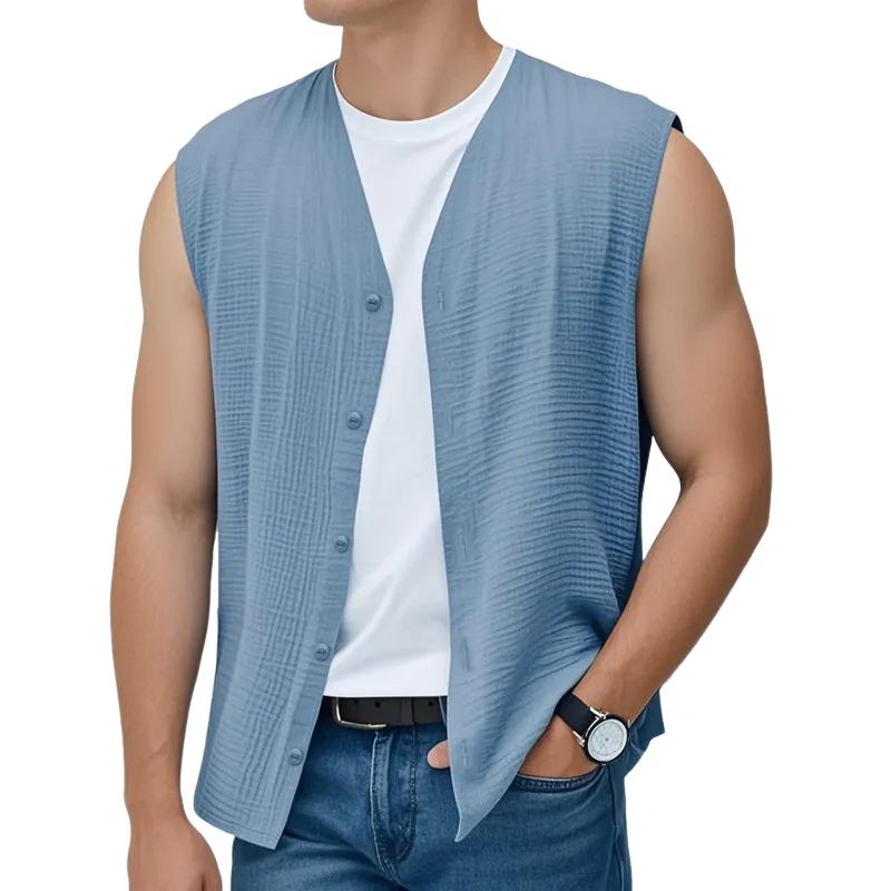 Men's Casual Cotton Blended Pleated V-Neck Single-Breasted Loose Sleeveless Shirt MTA2233D0M sold by Manly