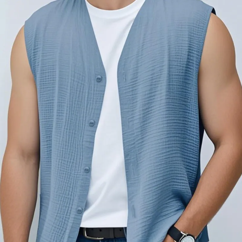 Men's Casual Cotton Blended Pleated V-Neck Single-Breasted Loose Sleeveless Shirt MTA2233D0M sold by Manly product image thumbnail 3
