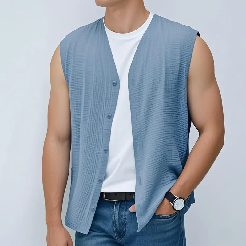 Men's Casual Cotton Blended Pleated V-Neck Single-Breasted Loose Sleeveless Shirt MTA2233D0M sold by Manly product image thumbnail 2