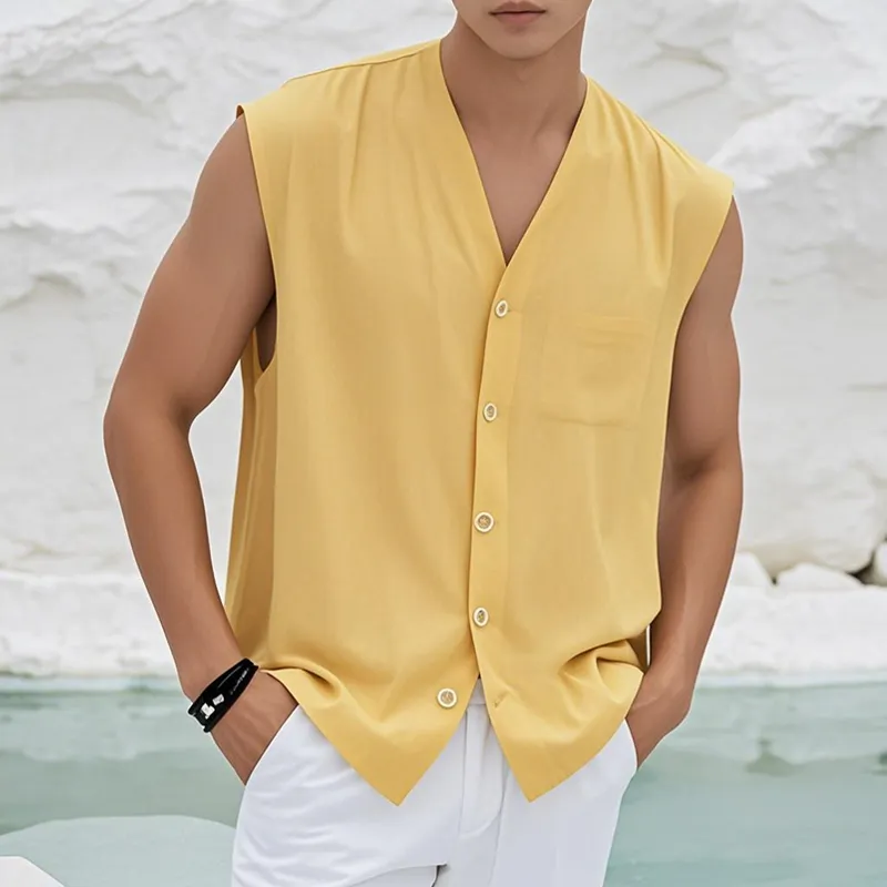 Men's Casual Cotton V Neck Single Breasted Patch Pocket Loose Sleeveless Shirt MTA2244D9M sold by Manly product image thumbnail 2