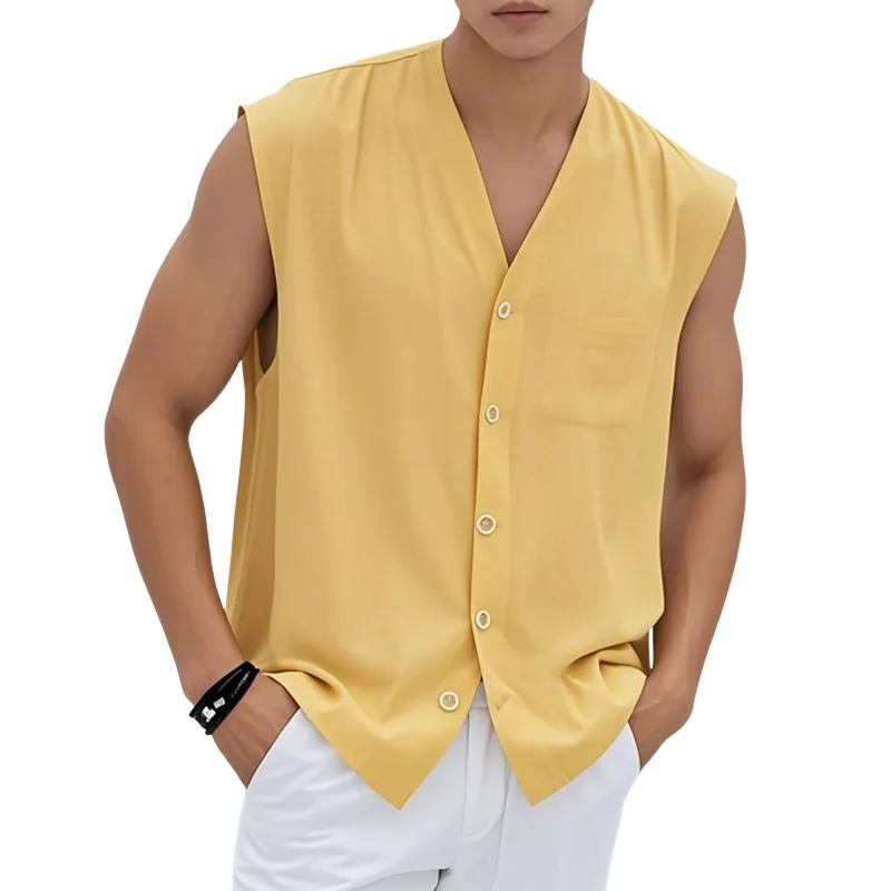 Men's Casual Cotton V Neck Single Breasted Patch Pocket Loose Sleeveless Shirt MTA2244D9M sold by Manly