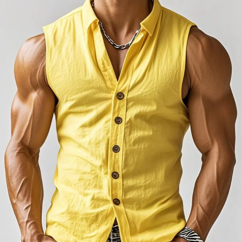 Men's Casual Breathable Cotton Lapel Slim Fit Sleeveless Shirt MTA2216D6M sold by Manly product image thumbnail 3
