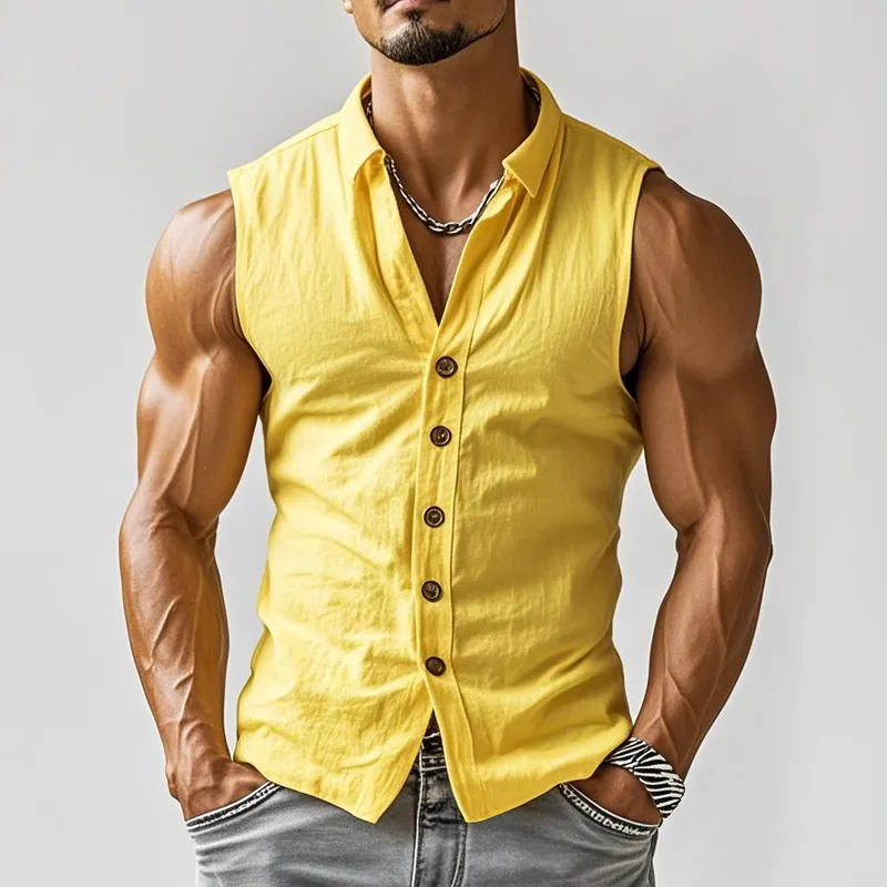 Men's Casual Breathable Cotton Lapel Slim Fit Sleeveless Shirt MTA2216D6M sold by Manly product image thumbnail 2