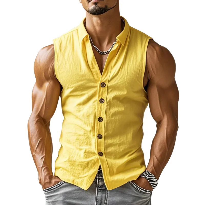 Men's Casual Breathable Cotton Lapel Slim Fit Sleeveless Shirt MTA2216D6M sold by Manly
