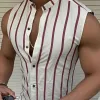 Men's Casual Cotton Striped Stand Collar Slim Fit Single Breasted Sleeveless Shirt MTA2213D6M sold by Manly
